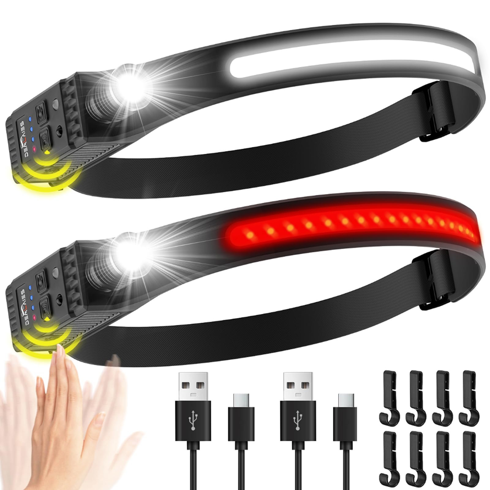 Headlamp Rechargeable Flashlight 2-Pack 230° Wide Beam & Adjustable Focus LED Head Lamp with Red Light Motion Sensor Head Lights for Forehead Hard Hat Headlight Headlamps for Adult Camping Fishing
